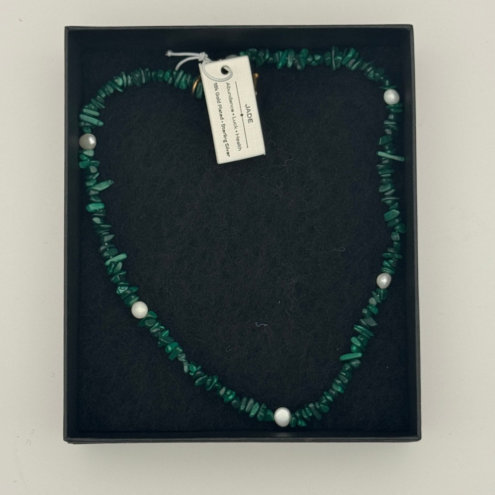 Jade Chip Bead Necklace 18k Gold Plated Sterling Silver Green White Toggle Clasp
